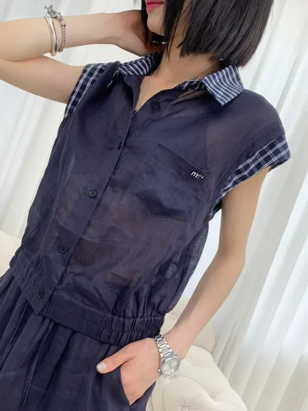 Design Sleeveless Shirt and Shorts Set Navy with Plaid Trim - 8