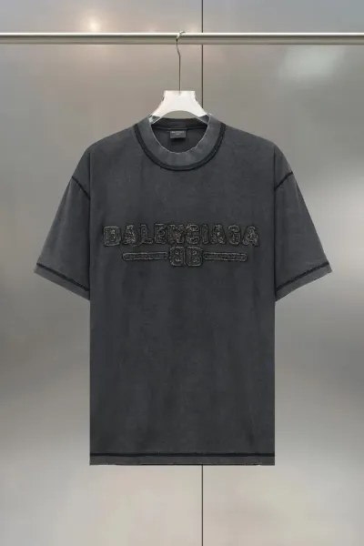 Balenciaga Logo Embroidered Washed Gray T-Shirt - 1