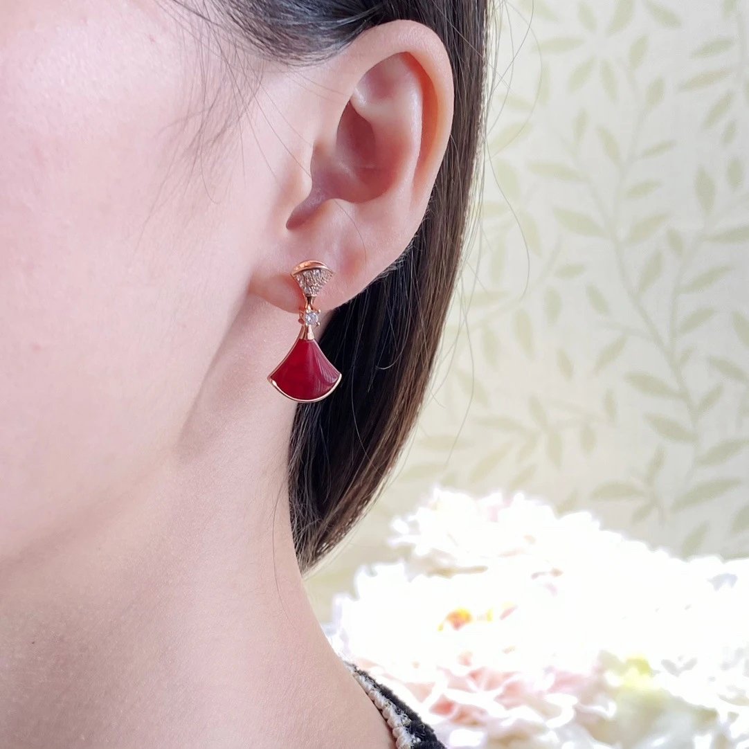 Design Fan-Shaped Enamel Earrings Red Gold Jewelry - 18