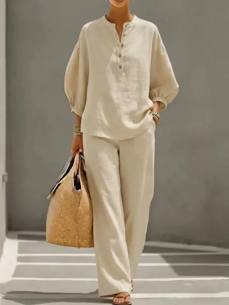 Design Linen Blend Henley Top and Wide-Leg Pants Set Brown - 4