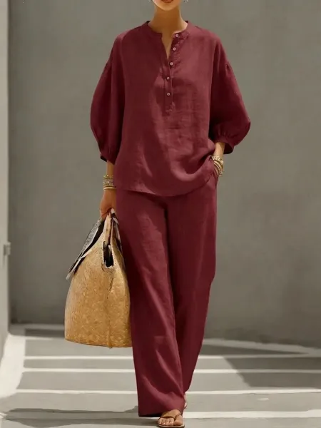 Design Linen Blend Henley Top and Wide-Leg Pants Set Brown - 8