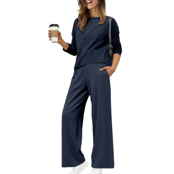 Design Black Knit Top and Wide-Leg Pants Set - 10