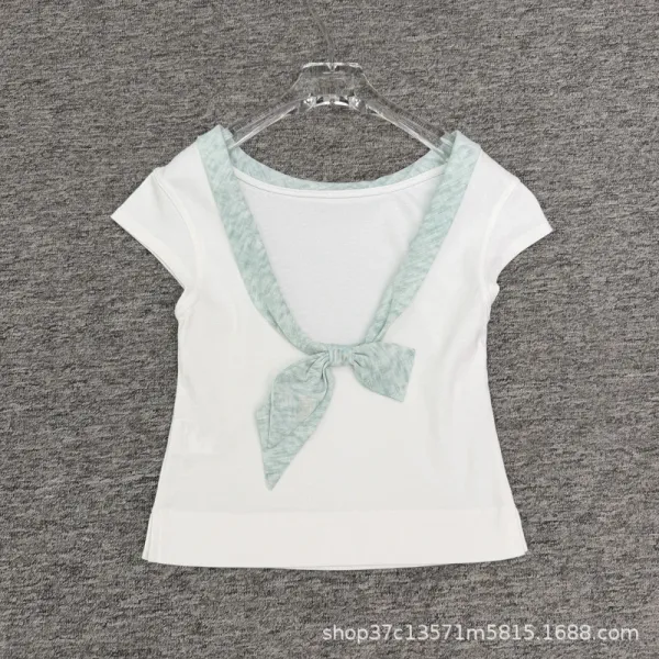 Design Bow-Neck Tie Detail White T-Shirt with Mint Green Trim - 1