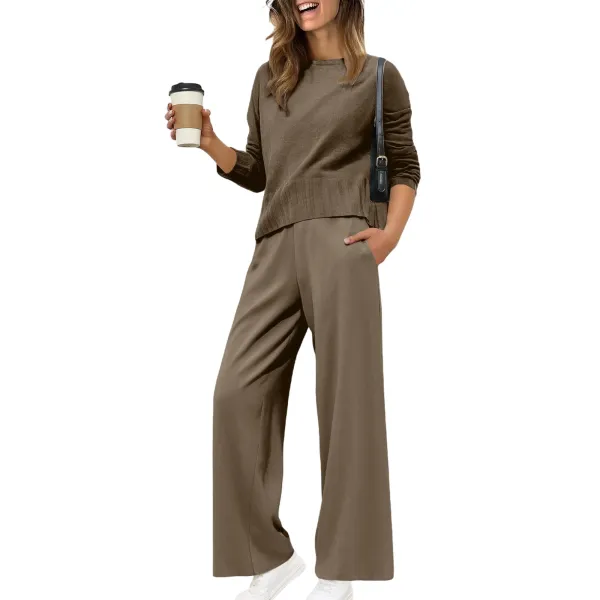 Design Black Knit Top and Wide-Leg Pants Set - 16
