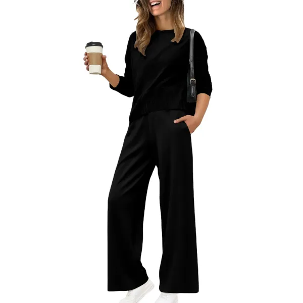 Design Black Knit Top and Wide-Leg Pants Set - 19