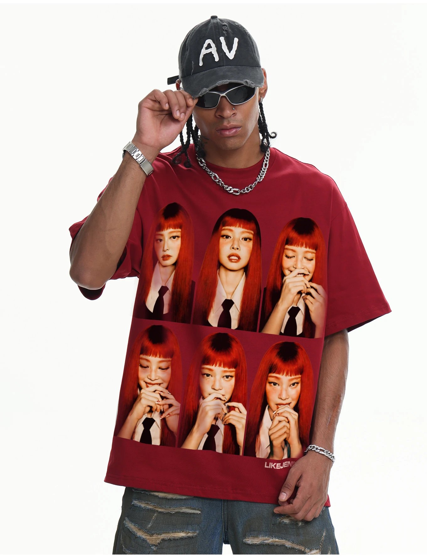Design LIKEJENNIE x [Unknown Brand] Red Hair Grid T-Shirt Black T-Shirts - 18
