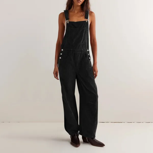 Design Black Corduroy Wide-Leg Overalls Pants - 8
