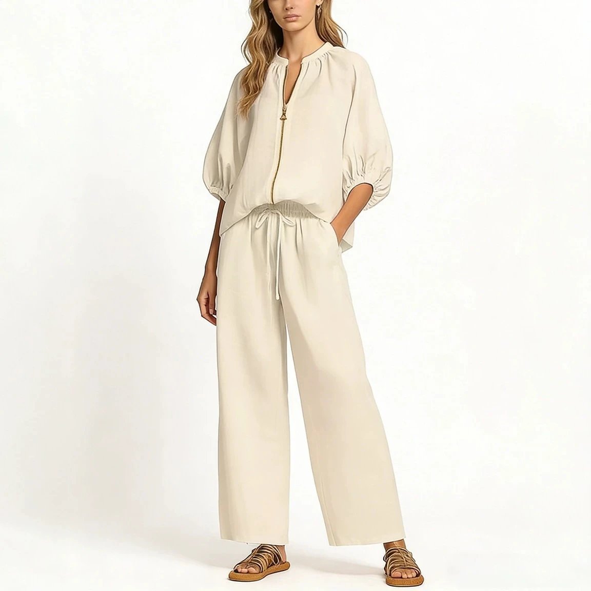 Light Blue Linen Blend Zip-Front Blouse And Wide-Leg Pants Set