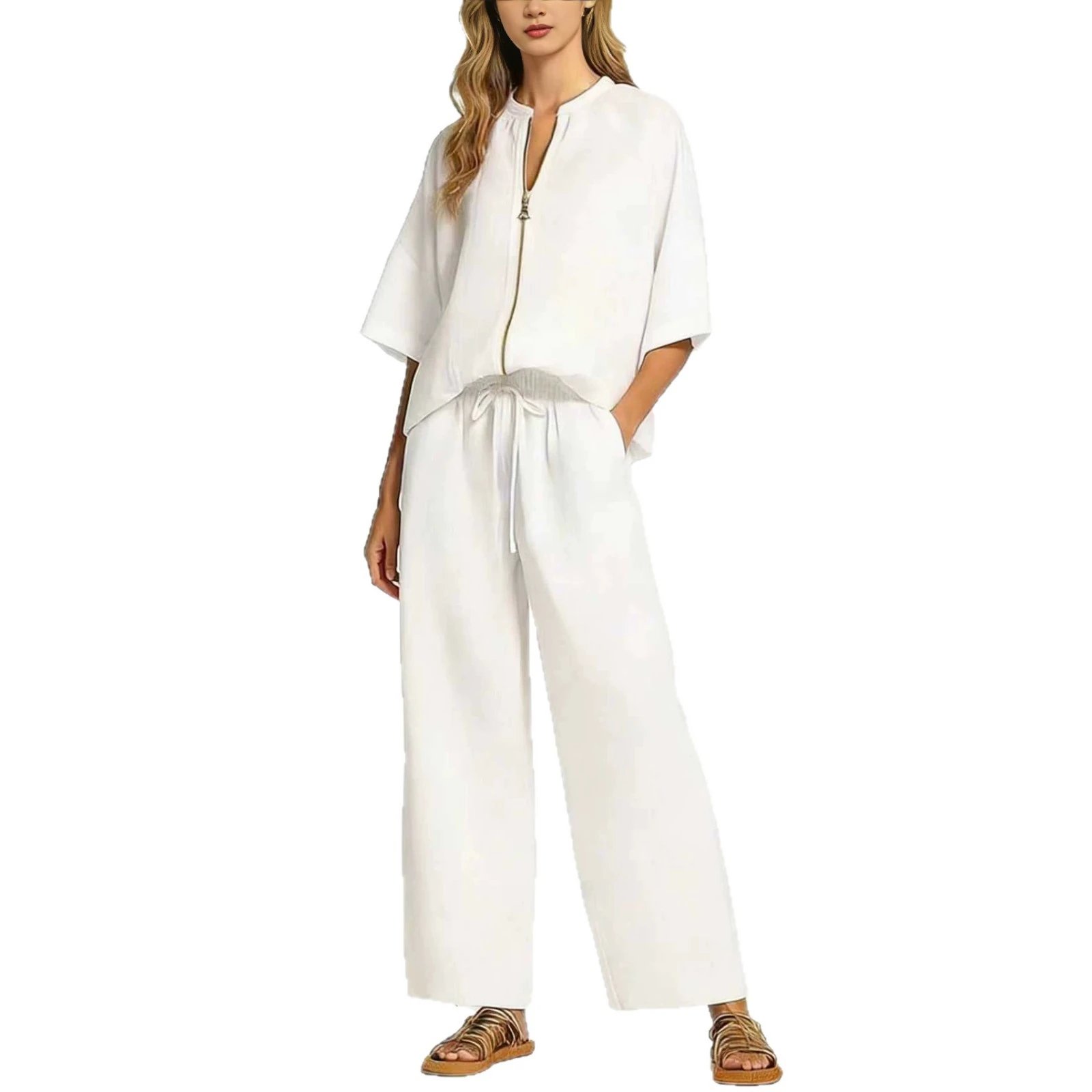 Light Blue Linen Blend Zip-Front Blouse And Wide-Leg Pants Set