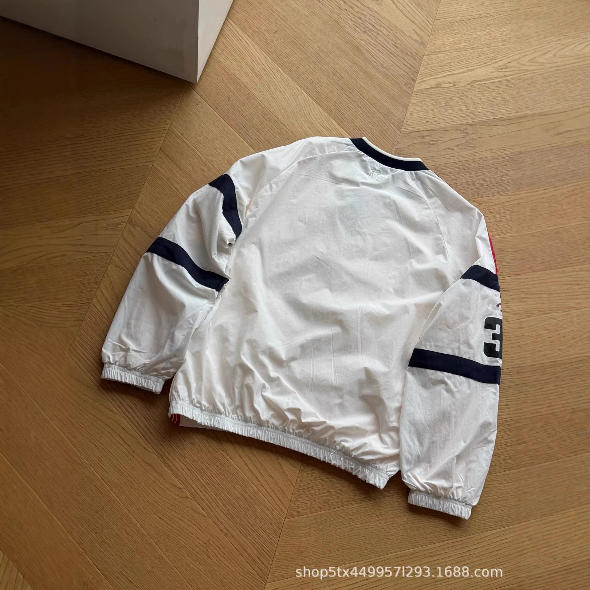 White Team Logo Sport Jacket With Red And Navy Stripes