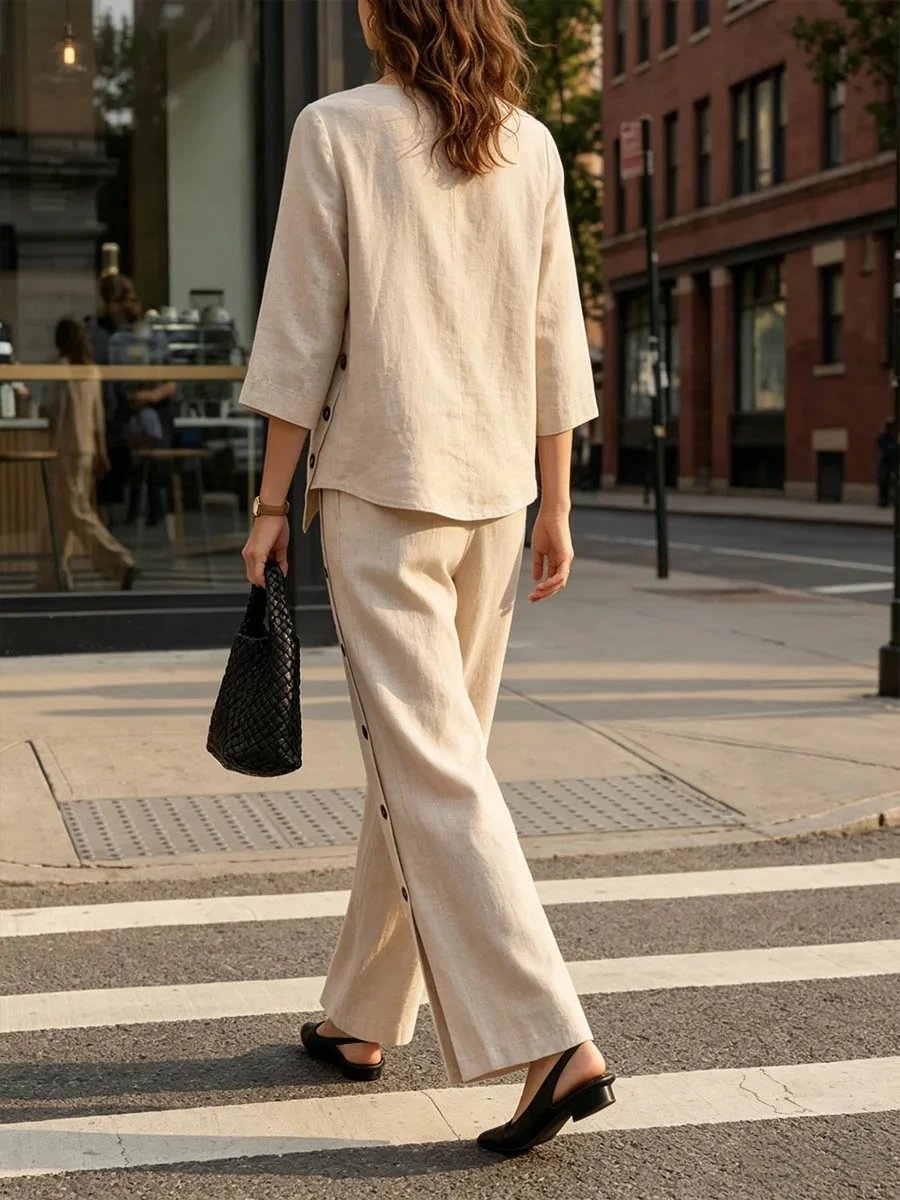 Design Linen Button-Asymmetry Set Yellow Pants and Top - 5