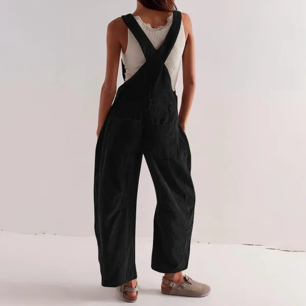 Design Black Corduroy Wide-Leg Overalls Pants - 21