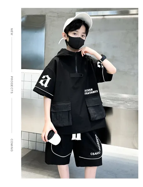 Design Short-Sleeve Hooded Jacket and Shorts Set Black Streetwear Outfit - 18