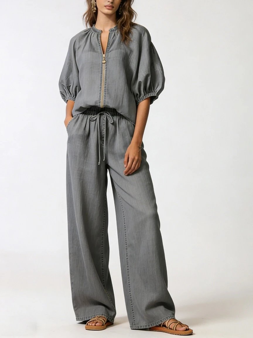 Design Denim Zip-Front Blouse and Wide-Leg Drawstring Pants Set Navy - 12