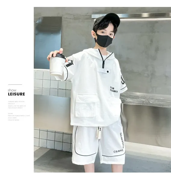 Design Short-Sleeve Hooded Jacket and Shorts Set Black Streetwear Outfit - 24