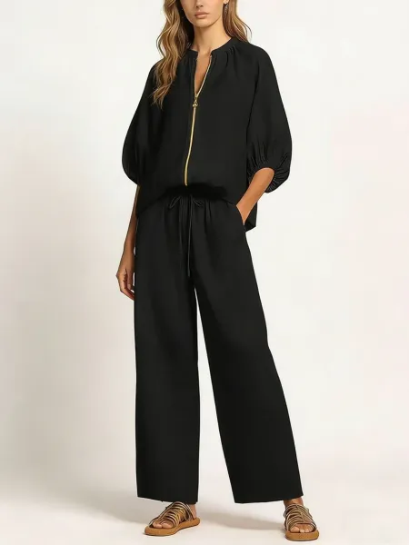 Design Denim Zip-Front Blouse and Wide-Leg Drawstring Pants Set Navy - 14