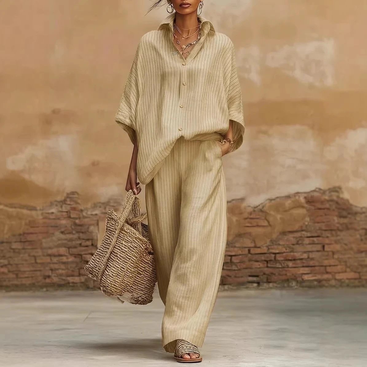 Striped Linen Blend Button-Up Shirt and Wide Leg Pant Set Casual