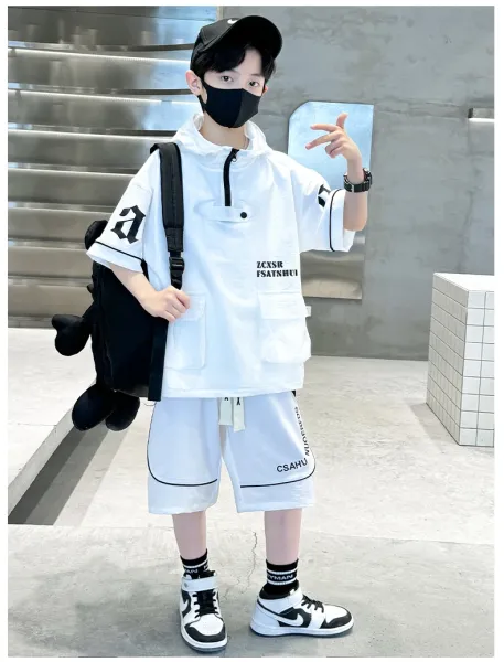 Design Short-Sleeve Hooded Jacket and Shorts Set Black Streetwear Outfit - 29