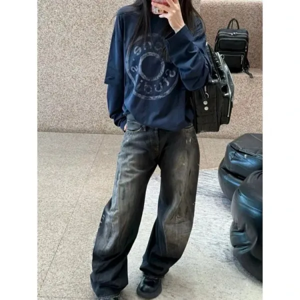 Acne Studios Distressed Logo Print Long-Sleeve T-Shirt Navy - 9