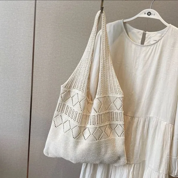Design Mook Knit Mesh Tote Bag Beige Tote Bag - 4