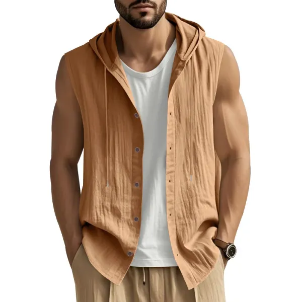 Design Sleeveless Hooded Button-Up Shirt White Tops - 26
