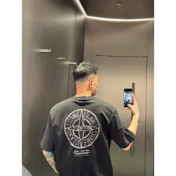 Stone Island Compass Logo Print Black T-Shirt - 7