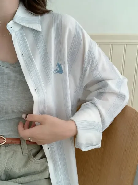 Vivienne Westwood Orb Logo Striped Cotton Shirt White / Blue Tops Shirt - 3