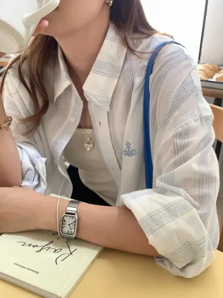 Vivienne Westwood Orb Logo Striped Cotton Shirt White / Blue Tops Shirt - 5