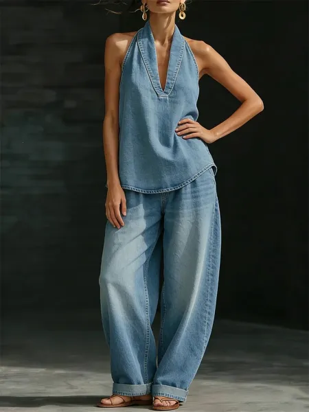 Design Denim Halter Top and Wide-Leg Jeans Set Light Blue Denim Sets - 1