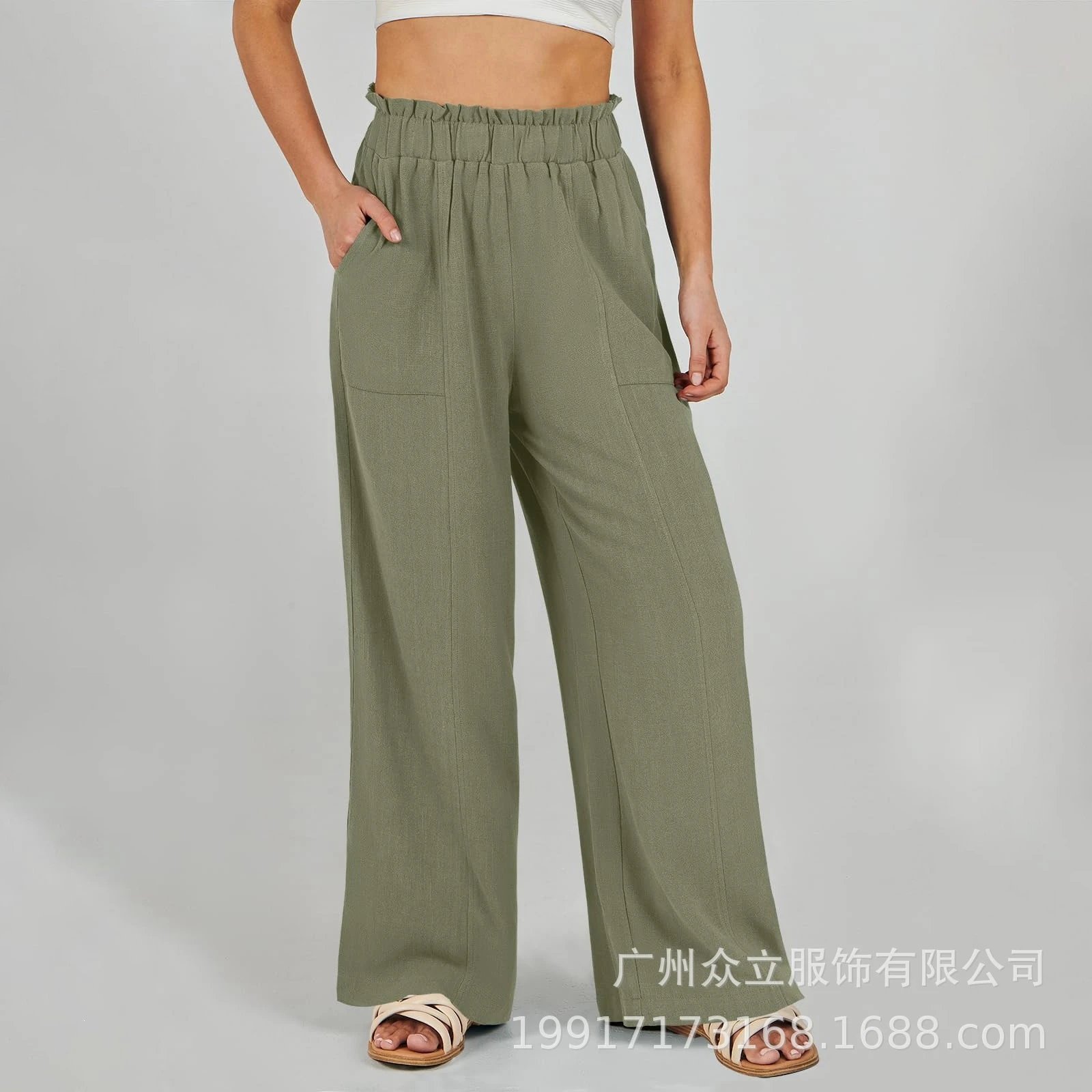 Design Wide-Leg Elastic Waist Pants Olive Green - 23