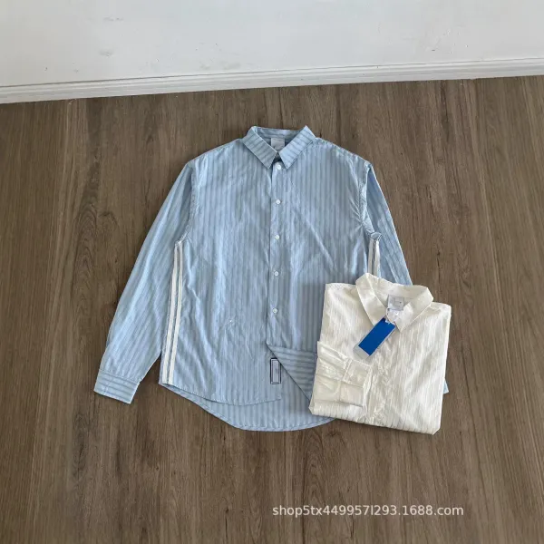 Design Striped Button-Up Shirt with Side Stripe Detail Blue and Cream - 1