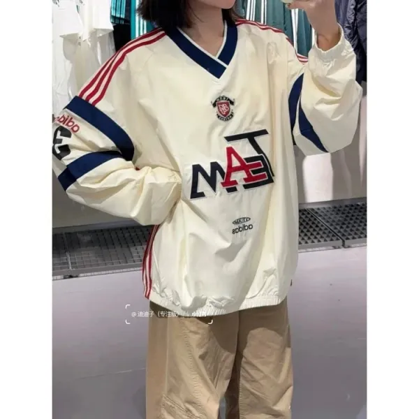 Adidas Originals TEA Windbreaker Cream with Navy and Red Stripes - 7