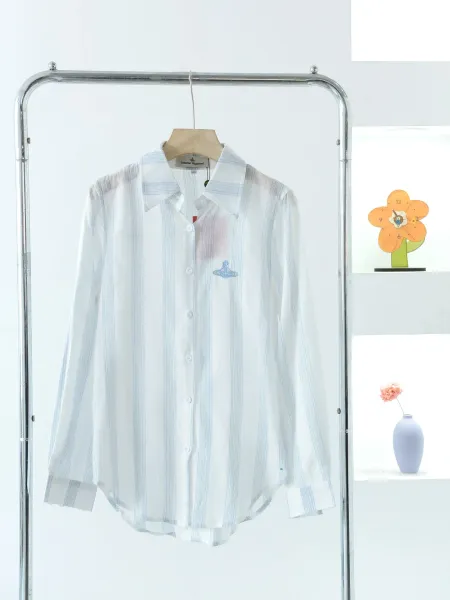 Vivienne Westwood Orb Logo Striped Cotton Shirt White / Blue Tops Shirt - 17