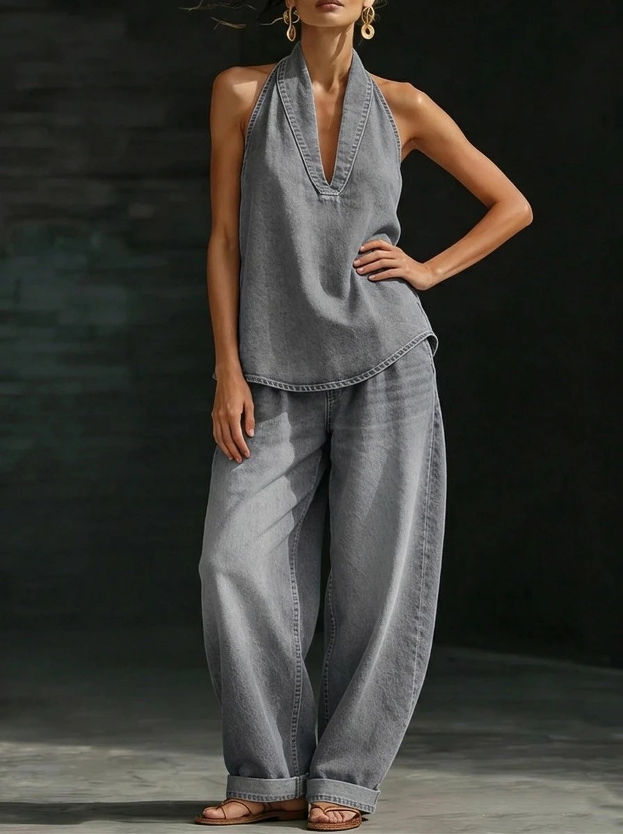 Design Denim Halter Top and Wide-Leg Jeans Set Blue Sets - 11