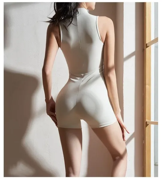 Design Sleeveless Zip-Front Bodysuit Beige Activewear - 9