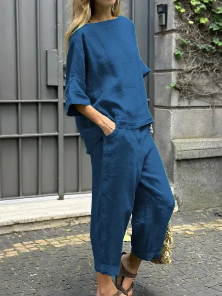 Design Loose Linen Set Gray Casual Top and Cropped Pants - 10