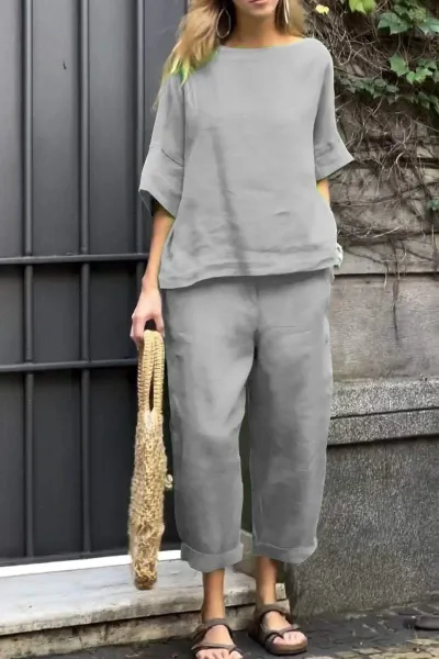 Design Loose Linen Set Gray Casual Top and Cropped Pants - 12