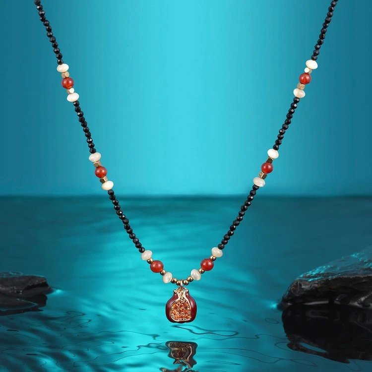 Pomegranate Pendant Necklace Black Beaded Orange White Bohemian