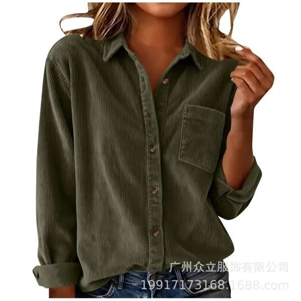 Design Corduroy Button-Up Shirt Forest Green Tops Shirt - 14