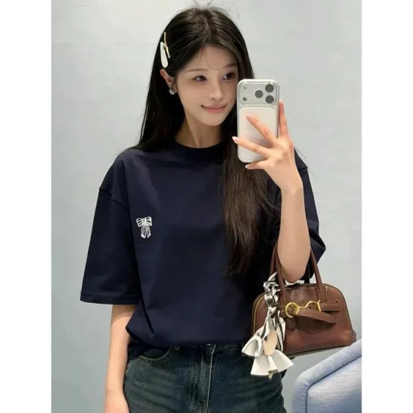Design Embroidered Bow T-Shirt Gray - 10