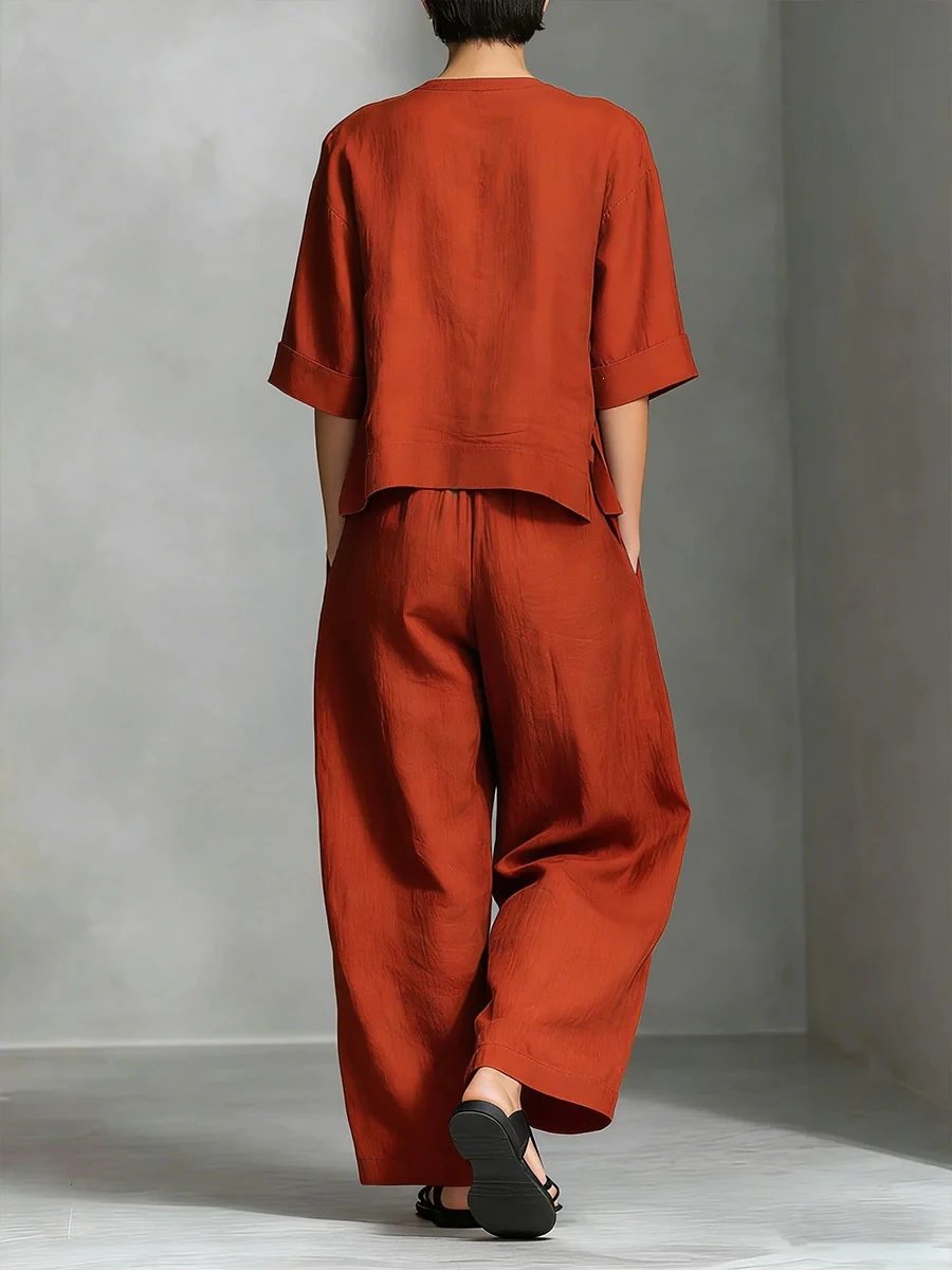 Design Linen Button-Front Top and Wide-Leg Pants Set Pink - 5