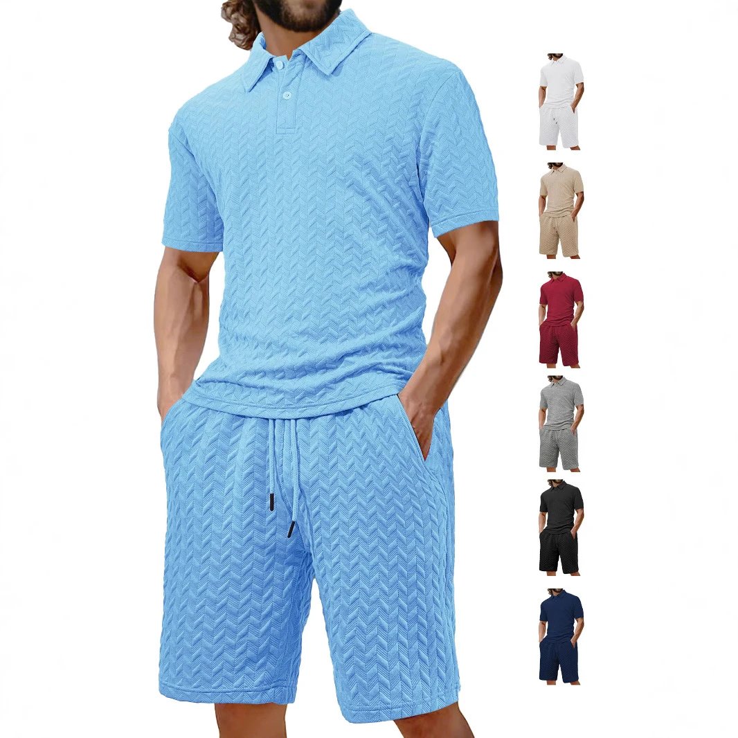 Textured Chevron Pattern Gray Casual Polo Set