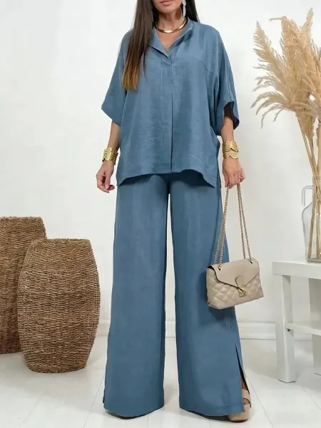 Design Linen-Blend Shirt and Wide-Leg Pants Set Blue - 4