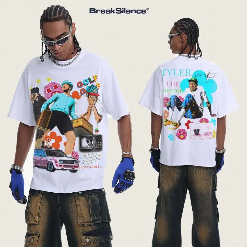 BreakSilence Golf Print Black Off-White Graphic Loose-Fit T-Shirt