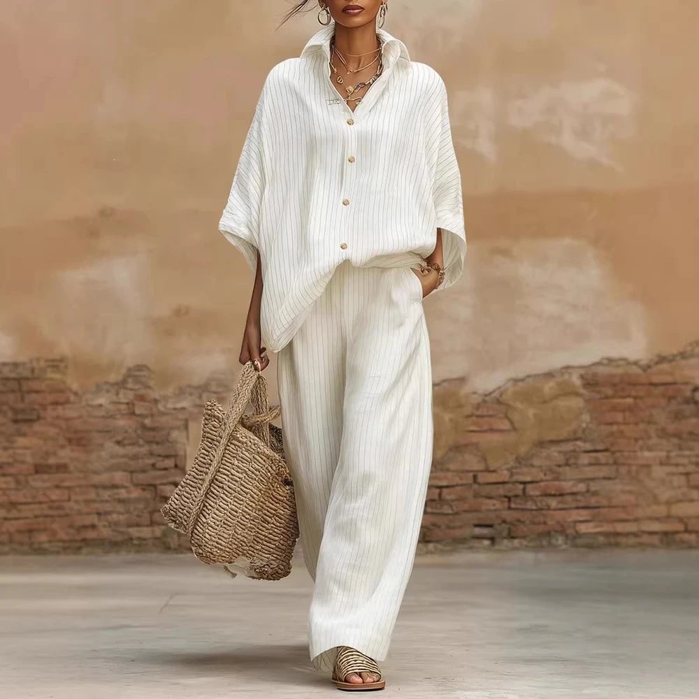 Striped Linen Blend Button-Up Shirt and Wide Leg Pant Set Casual