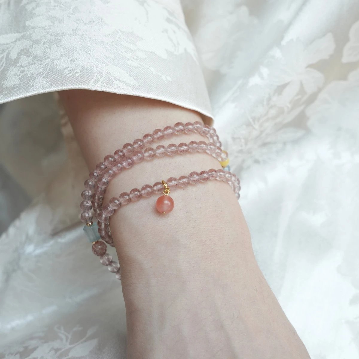 Pink Crystal Beaded Wrap Bracelet With Pastel Accents Bohemian Style