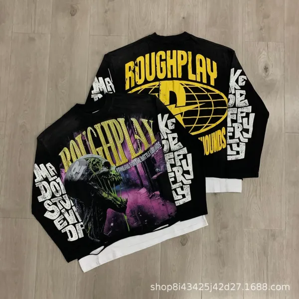 Design Roughplay Graphic Print Long Sleeve T-Shirt Black T-Shirts - 1