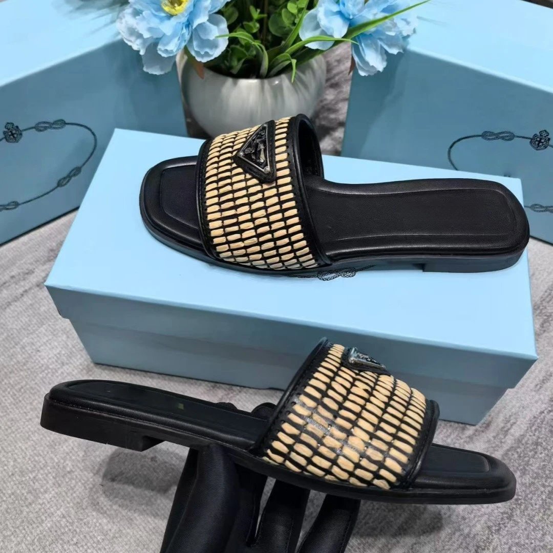 Prada Woven Slide Sandals Beige Slippers - 8