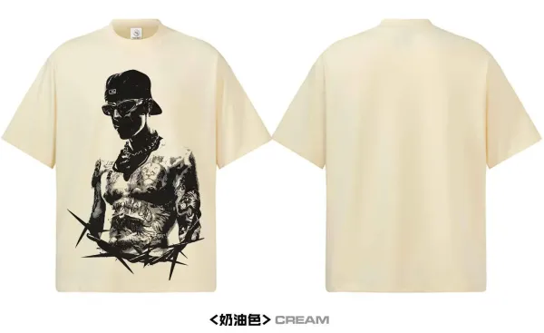 Design Graphic Print Beige Oversized T-Shirt - 14