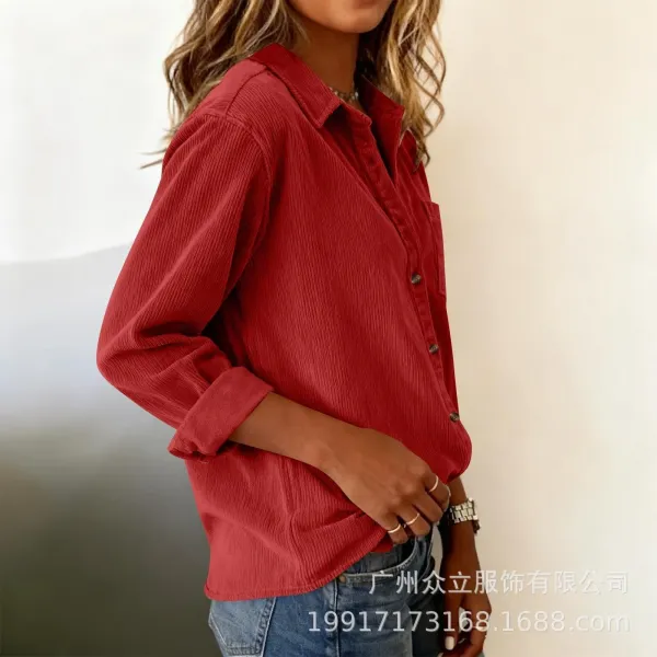 Design Corduroy Button-Up Shirt Forest Green Tops Shirt - 49